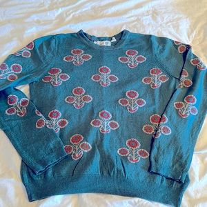 Anthropologie Blue Sweater with Pink Floral Pattern